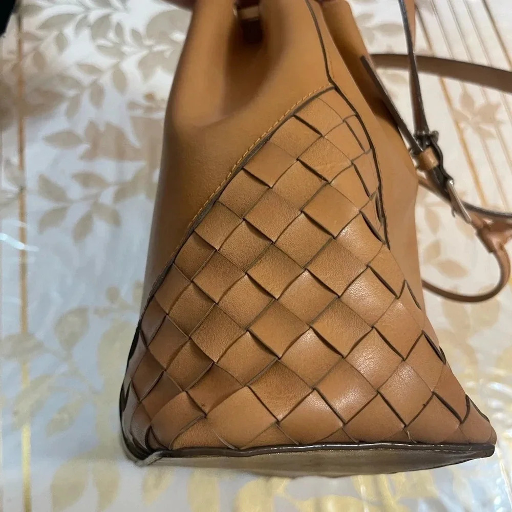 Tan Leather Drawstring Bucket Bag - Women's Shoulder Purse - Picture 4 of 10